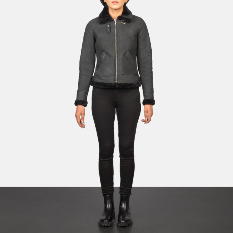 Womens Sherilyn B-3 Distressed Black Leather Bomber Jacket Full Length-2-1652199697236